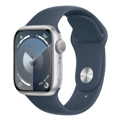 Apple Watch Series 9, 41 мм корпус из алюминия цвета «Silver», ремешок Sport Band размера M/L цвета «Storm Blue»
