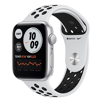 Apple Watch Nike Series 6, 44 мм, корпус из алюминия серебристого цвета, спортивный ремешок Nike цвета «чистая платина/чёрный»