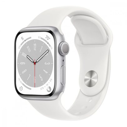Apple Watch Series 8, 41 мм корпус из алюминия цвета «Silver», ремешок Sport Band размера S/M цвета «White»