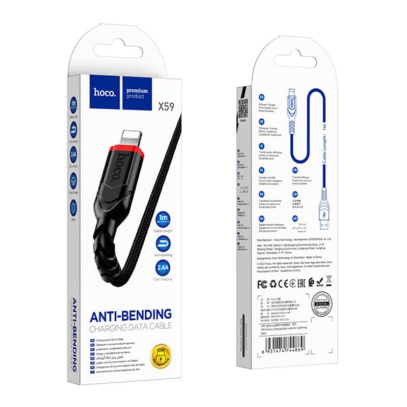USB кабель hoco. Anti-Bending разъем Lightning, 1 м (X59) Черный