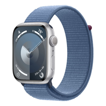 Apple Watch Series 9, 45 мм корпус из алюминия цвета «Silver», ремешок Sport Loop цвета «Winter Blue»
