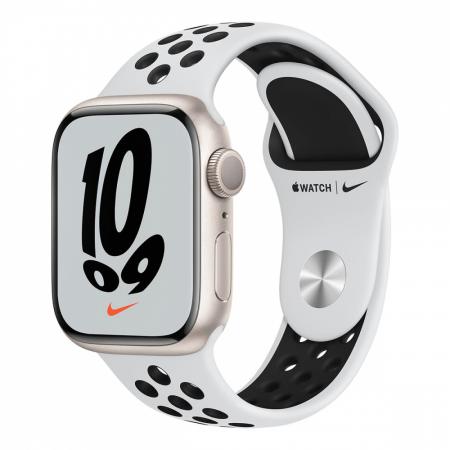 Apple Watch Nike Series 7, 41 мм корпус из алюминия цвета «сияющая звезда», спортивный ремешок Nike цвета «чистая платина/чёрный»