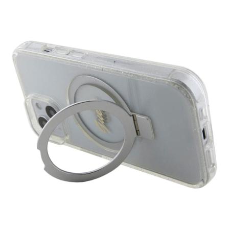 Чехол Guess для iPhone 15 с MagSafe PC/TPU Script logo + Ring stand Hard Glitter (GUHMP15SHRSGSD) Прозрачный