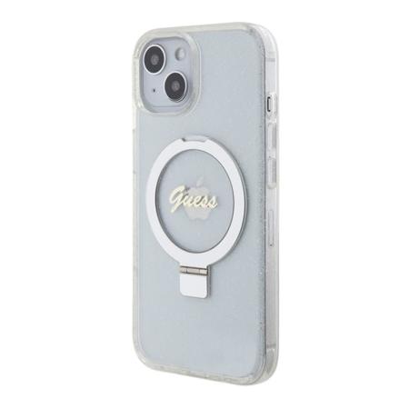 Чехол Guess для iPhone 15 с MagSafe PC/TPU Script logo + Ring stand Hard Glitter (GUHMP15SHRSGSD) Прозрачный