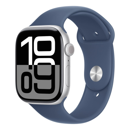 Apple Watch Series 10, 46 мм корпус из алюминия цвета «Silver», ремешок Sport Band размера S/M цвета «Denim»