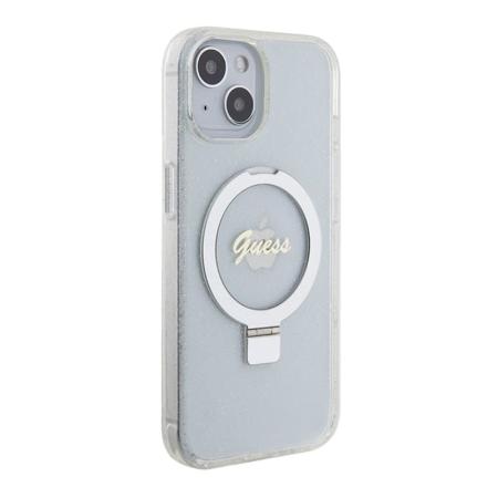 Чехол Guess для iPhone 15 с MagSafe PC/TPU Script logo + Ring stand Hard Glitter (GUHMP15SHRSGSD) Прозрачный