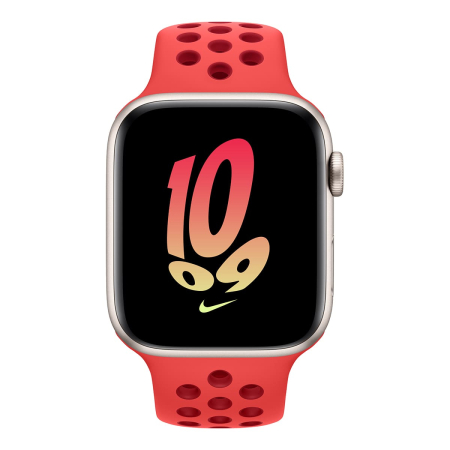 Apple Watch Nike SE (2022), 44 мм корпус из алюминия цвета «Starlight», ремешок Nike Sport Band размера M/L цвета «Bright Crimson/Gym Red»