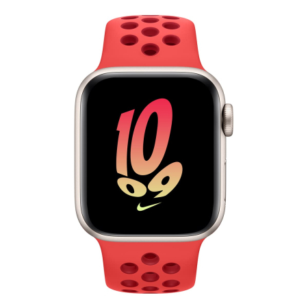 Apple Watch Nike SE (2022), 40 мм корпус из алюминия цвета «Starlight», ремешок Nike Sport Band размера M/L цвета «Bright Crimson/Gym Red»