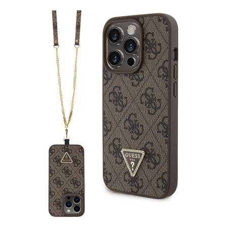 Чехол Guess для iPhone 15 Pro Max Crossbody PU 4G Triangle Diamond logo Hard + Universal Strap (GUHCP15XP4TDSCPW) Коричневый