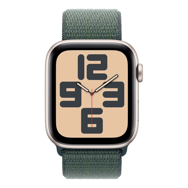 Apple Watch SE (2024), 44 мм корпус из алюминия цвета «Starlight», ремешок Sport Loop цвета «Lake Green»