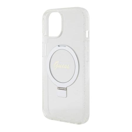 Чехол Guess для iPhone 15 с MagSafe PC/TPU Script logo + Ring stand Hard Glitter (GUHMP15SHRSGSD) Прозрачный