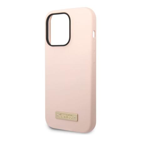 Чехол Guess для iPhone 14 Pro Max с Magsafe CG Mobile Liquid silicone Plate metal logo Hard (GUHMP14XSBPLP) Розовый