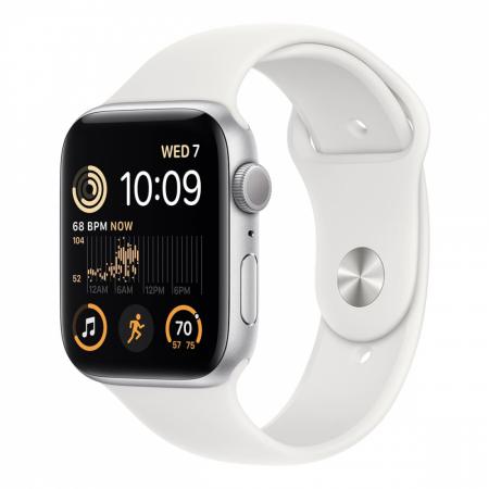 Apple Watch SE (2022), 44 мм корпус из алюминия цвета «Silver», ремешок Sport Band размера S/M цвета «White»