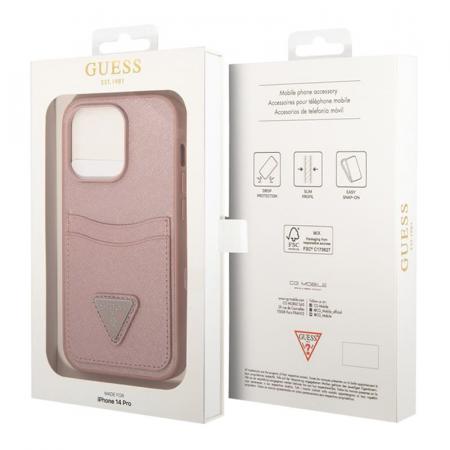 Чехол Guess для iPhone 14 Pro  PU Saffiano Double cardslot Metal triangle logo Hard (GUHCP14LPSATPP) Розовый