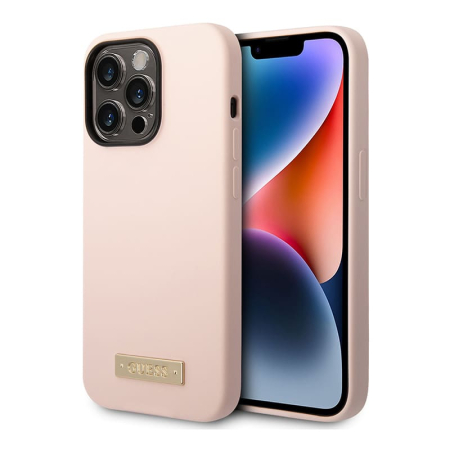Чехол Guess для iPhone 14 Pro Max с Magsafe CG Mobile Liquid silicone Plate metal logo Hard (GUHMP14XSBPLP) Розовый